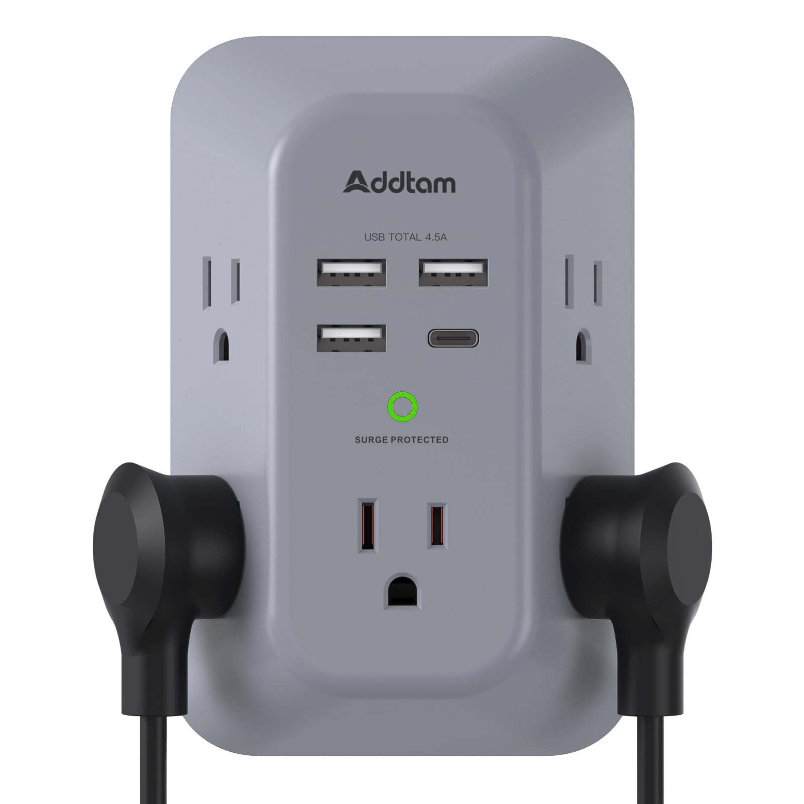 Addtam USB Wall Charger Surge Protector 5 Outlet Extender with 4 USB Charging Ports (1 USB C Outlet) 3 Sided 1800J Power Strip Multi Plug Outlets Wall Adapter Spaced for Home Travel Office ETL Listed